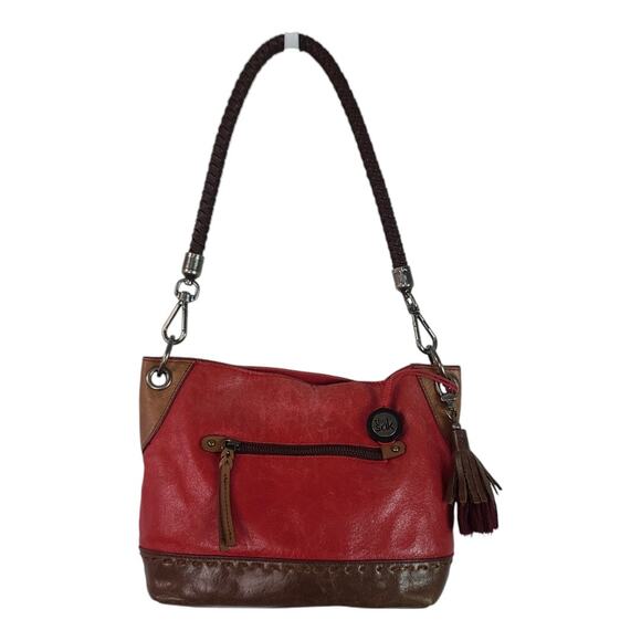 The Sak Red Leather Braided Brown Leather Strap Bag Purse Satchel - Picture 2 of 6